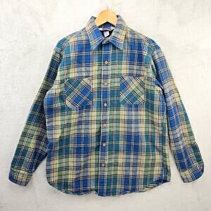 Vintage Big Mac Flannel Shirt Mens Large Green Blue Plaid Made USA Heavyweight